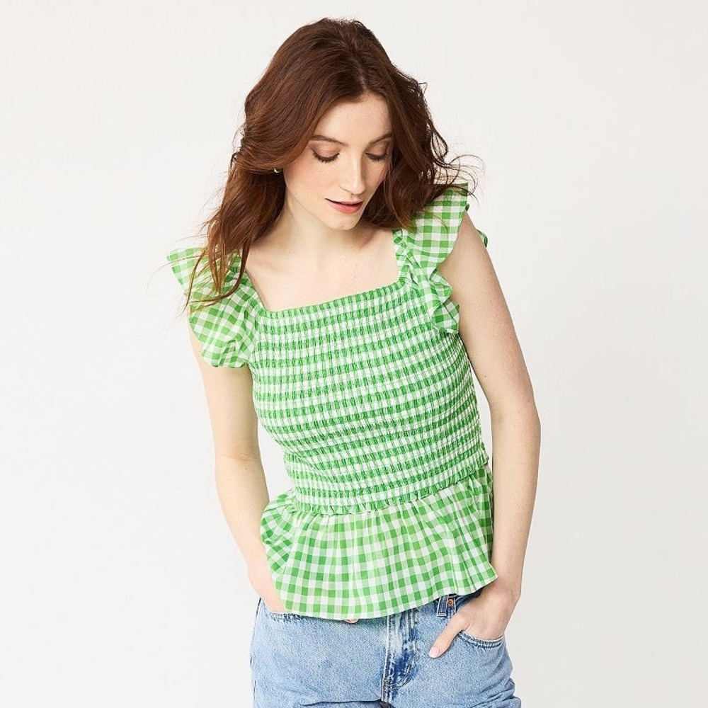 Draper James Cotton Green Gingham Smocked Flutter Sleeved Top Large